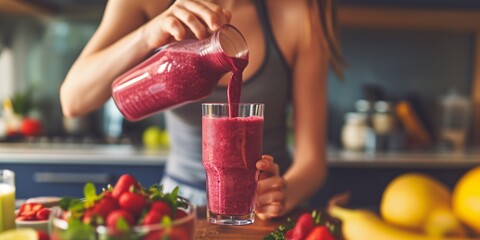 A woman in sportwear making detox smoothie at home - obrazy, fototapety, plakaty