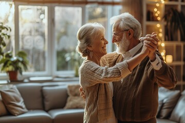 Romantic senior family couple wife and husband dancing to music together in living room.high quality & high resolution.