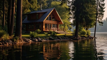 Obraz premium Serene lakeside retreat framed by majestic pine trees. Peaceful waterside cabin, tall pines, secluded forest haven. Generated by AI.