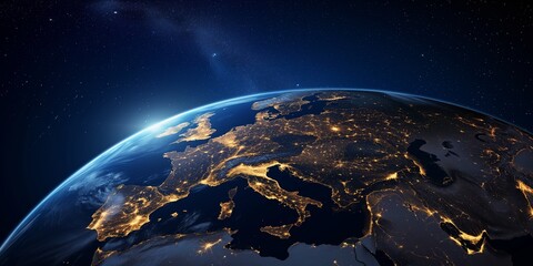 Europe at night viewed from space with city lights of planet Earth - obrazy, fototapety, plakaty