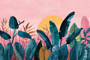 Light illustration of Individual standing rare tropical plants such as monstera, bird of paradise, calathea, and pothos with a pink sky.  - obrazy, fototapety, plakaty