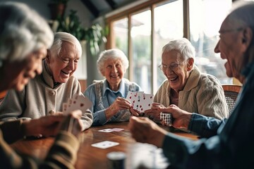 Joyful group of seniors playing cards and sharing laughter in a retirement nursing home, camaraderie and enjoyment create a warm and lively atmosphere in the community living space, Generative AI - obrazy, fototapety, plakaty
