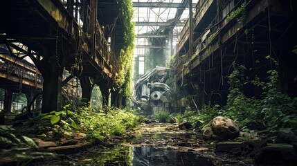 Industrial decay, reclaimed by nature, rusty remnants, derelict, overgrown, abandoned structure, nature's resurgence. Generated by AI.