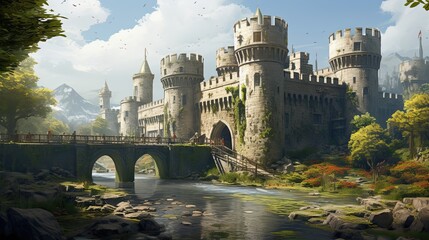Enchanting medieval castle crowns a hill, embraced by a defensive moat. Citadel, hillside fortress, historic architecture, fortified stronghold, ancient landmark. Generated by AI. - obrazy, fototapety, plakaty