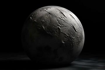 A lone planet made of cement in gray shades, situated all by itself. The planet is against a black backdrop. Generative AI