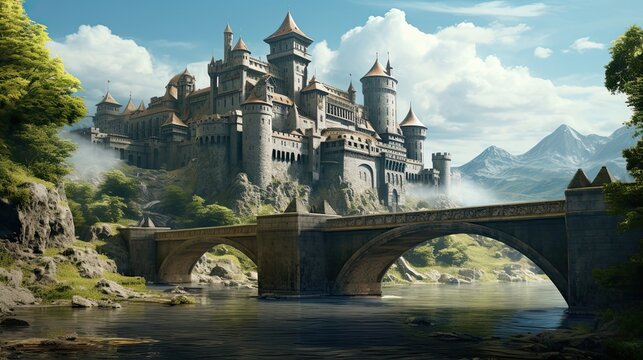 Regal medieval castle on a hill, encircled by a protective moat. Historic fortress, hilltop stronghold, architectural wonder, fortified structure. Generated by AI.