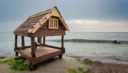 Ocean Escape: Miniature Wooden House Embraced by Nature