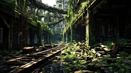 Nature's silent conquest transforms an abandoned, rusty factory into a canvas of reclamation. Rusty, reclaimed by nature, derelict, overgrown, abandoned structure. Generated by AI.