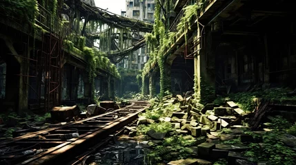 Fotobehang Nature's silent conquest transforms an abandoned, rusty factory into a canvas of reclamation. Rusty, reclaimed by nature, derelict, overgrown, abandoned structure. Generated by AI. © Anastasia