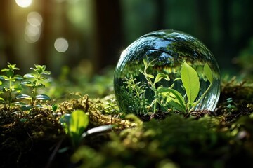 Obraz na płótnie Canvas Glass globe encircled by verdant forest flora, symbolizing nature, environment, sustainability, ESG, and climate change awareness, Generative AI