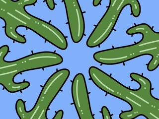 seamless pattern of green cactus on blue background, hand drawn illustration