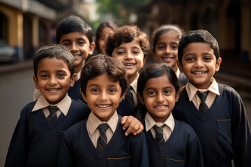 A group of smiling Indian school students wearing uniforms 