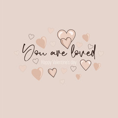 Happy Valentine's day postcard design. Pink cartoon hearts and beautiful lettering in the center of the beige background. Romantic holiday design. Vector illustration.