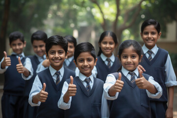 A group of smiling school students wearing uniforms showing thumbs up gesture