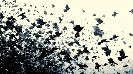 Abstract graphic representation of a flock of crows and ravens flying from a dark corner into the bright sky - obrazy, fototapety, plakaty