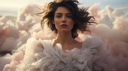 An atmospheric shot featuring a model in a billowing white dress against a backdrop of soft pastel clouds, evoking a dreamy and surreal ambiance