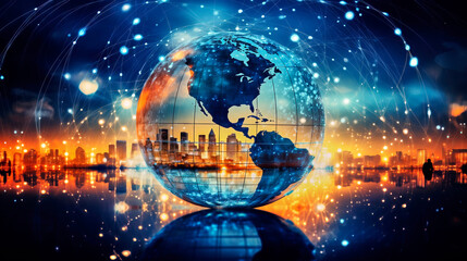 Transparent globe with interconnected lines and glowing nodes against a nighttime cityscape, conceptual illustration of a connected world