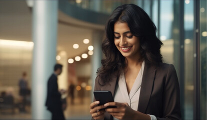 Fototapeta na wymiar A smiling young Indian businesswoman communicating on her mobile phone in a corporate environment 
