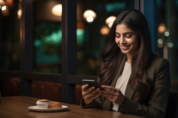 A smiling young Indian businesswoman communicating on her mobile phone in a corporate environment 
