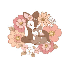 Cute vintage deer mom and baby fawn with pink peony bouquet. Hand drawn vector illustration. Perfect for tee summer t-shirt logo design, greeting card, poster, invitation or nursery print.