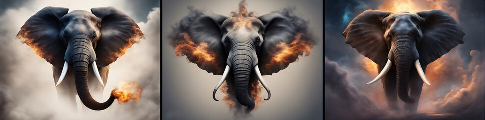 Set of three elephant head surrounded by fire and smoke. - obrazy, fototapety, plakaty