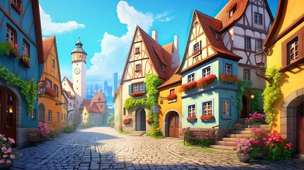 A picturesque settlement with cobblestone streets. Charming streetscape, historic village charm, picturesque pathways. Generated by AI. - obrazy, fototapety, plakaty