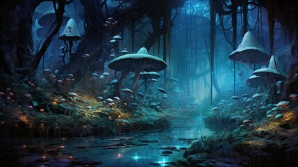 Concealed enclave featuring enchanting bioluminescent mushrooms. Hidden wonder, radiant fungi, subterranean paradise, ethereal glow, mystical charm, natural radiance. Generated by AI. - obrazy, fototapety, plakaty