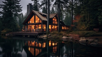 Tranquil lakeside chalet embraced by tall, peaceful pines. Serene waterside getaway, secluded forest cabin, tranquil oasis. Generated by AI.