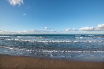 Cyprus Alagadi Turtle Beach.
View from the beach to the sea. Magnificent beach, sea and blue cloudy sky.