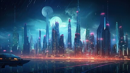 Futuristic, vibrant, urban dystopia, neon-lit towers, cyberpunk aesthetics, technological, dystopian ambiance. Generated by AI.