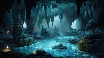 Mysterious cave illuminated by shimmering crystals and concealed underground lakes. Cryptic allure, luminescent gemstones, hidden passages, subterranean marvels. Generated by AI. - obrazy, fototapety, plakaty