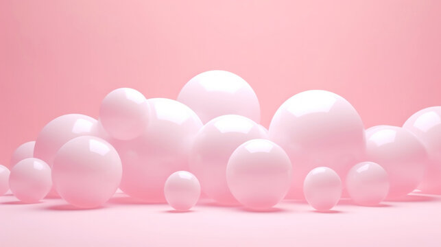 3D pink spheres of different sizes and transparency. Pastel colour palette. Abstract background. Generative AI © AngrySun