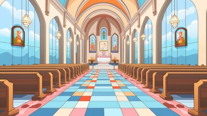 cartoon illustration of Cathedral Church view inside. - obrazy, fototapety, plakaty