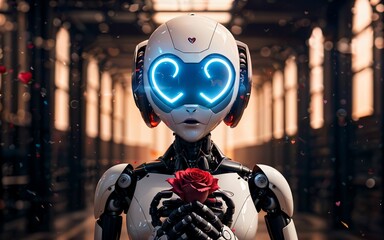Fototapeta premium Love in the Circuitry A Futuristic Valentine's Day with AI Robot, Roses, and Hearts ai generated