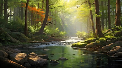 Quiet river meandering through a sun-drenched, peaceful forest. Calm waterway, tranquil woodland, sunlit serenity. Generated by AI.