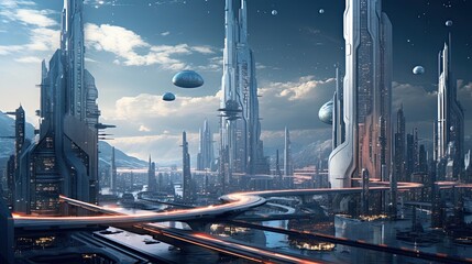 A stunning vista of a futuristic cityscape with sleek, towering glass skyscrapers. Modern, innovative, urban skyline, contemporary architecture, metropolitan, futuristic design. Generated by AI.
