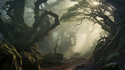 Otherworldly charm, fog-laden grove, age-old forest, twisted limbs, mystical aura. Generated by AI.