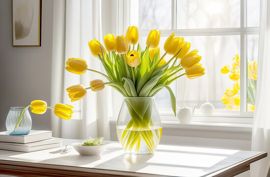 abstract home interior, yellow fresh tulips and easter eggs on the table, airy light background, big windows