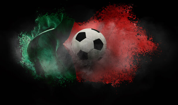 Promotional poster for sport live events. Soccer ball bouncing against Portuguese flag against black background. National symbols. Concept of competition, championship, tournament, game event - Powered by Adobe