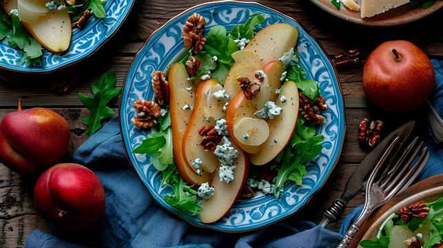 salad with dorblu cheese and pear. Selective focus.
