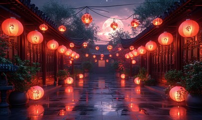 Chinese New Year Celebration: A Luminous Nighttime Walkway Generative AI