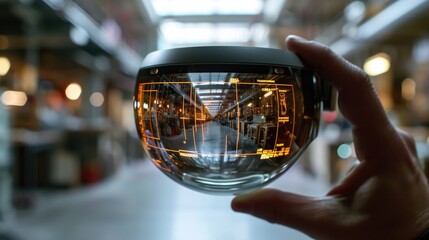 Hand holding a lens reflecting a warehouse with augmented reality data overlays.