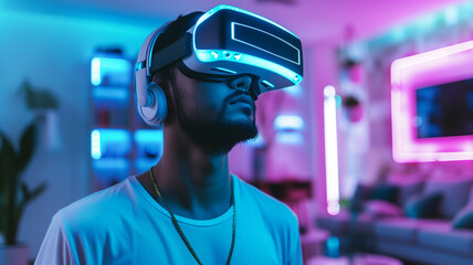 Man with a VR system on his head in a living room decorated in a futuristic style, ai generative