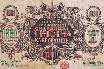 Vintage elements of old paper banknotes.Bonistics.Ukraine 1000 hryvnia 1918.Fragment  banknote for design purpose. - obrazy, fototapety, plakaty