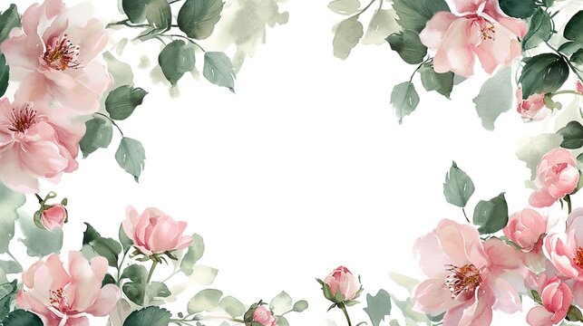 Frame Elegant pink peones, watercolor, soft green leaves wreath isolated on white background with copy space
