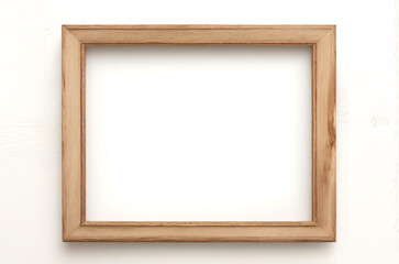 Marco vertical rectangular fino de madera clara colgado en una pared con textura blanca, plano, vista superior, ilustración 3D.