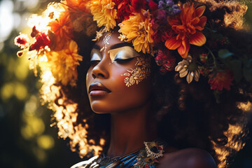 Portrait of mother nature. Close up of afro american woman with a floral blossom colorful hairstyle. - obrazy, fototapety, plakaty