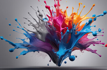 splashes of ink and colorful bubbles, on a grey background