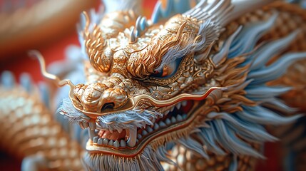 Golden Dragon with Blue and White Tail Generative AI