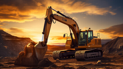 Sunset Quarry Expedition: Excavator Earthmoving and Backhoe Digging Ore in Open Pit Mining